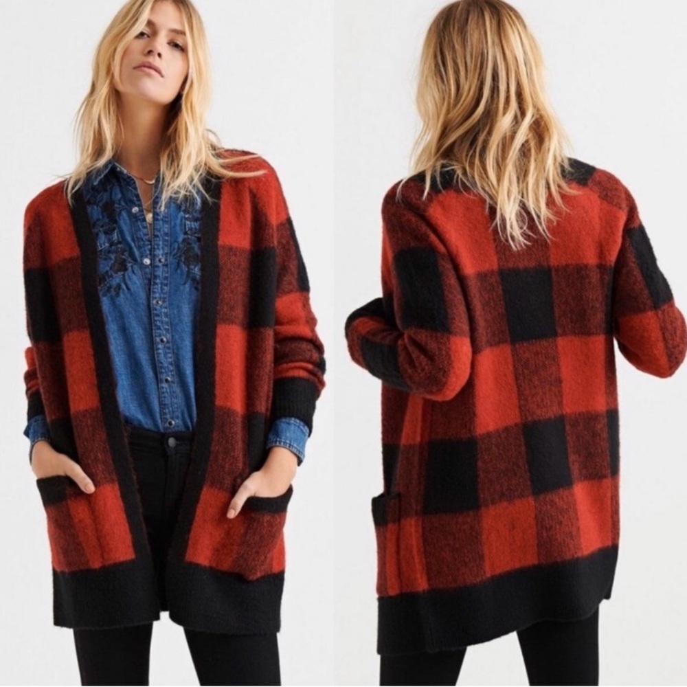 LUCKY BRAND Buffalo Plaid Red Black Open Cardigan NWOT Size Medium